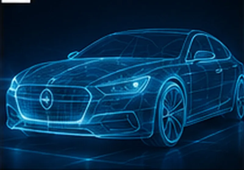 Digital wireframe of an electric vehicle representing e-mobility engineering