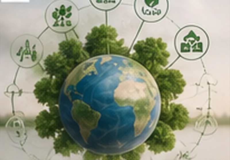 Globe with renewable-energy and circular-economy symbols